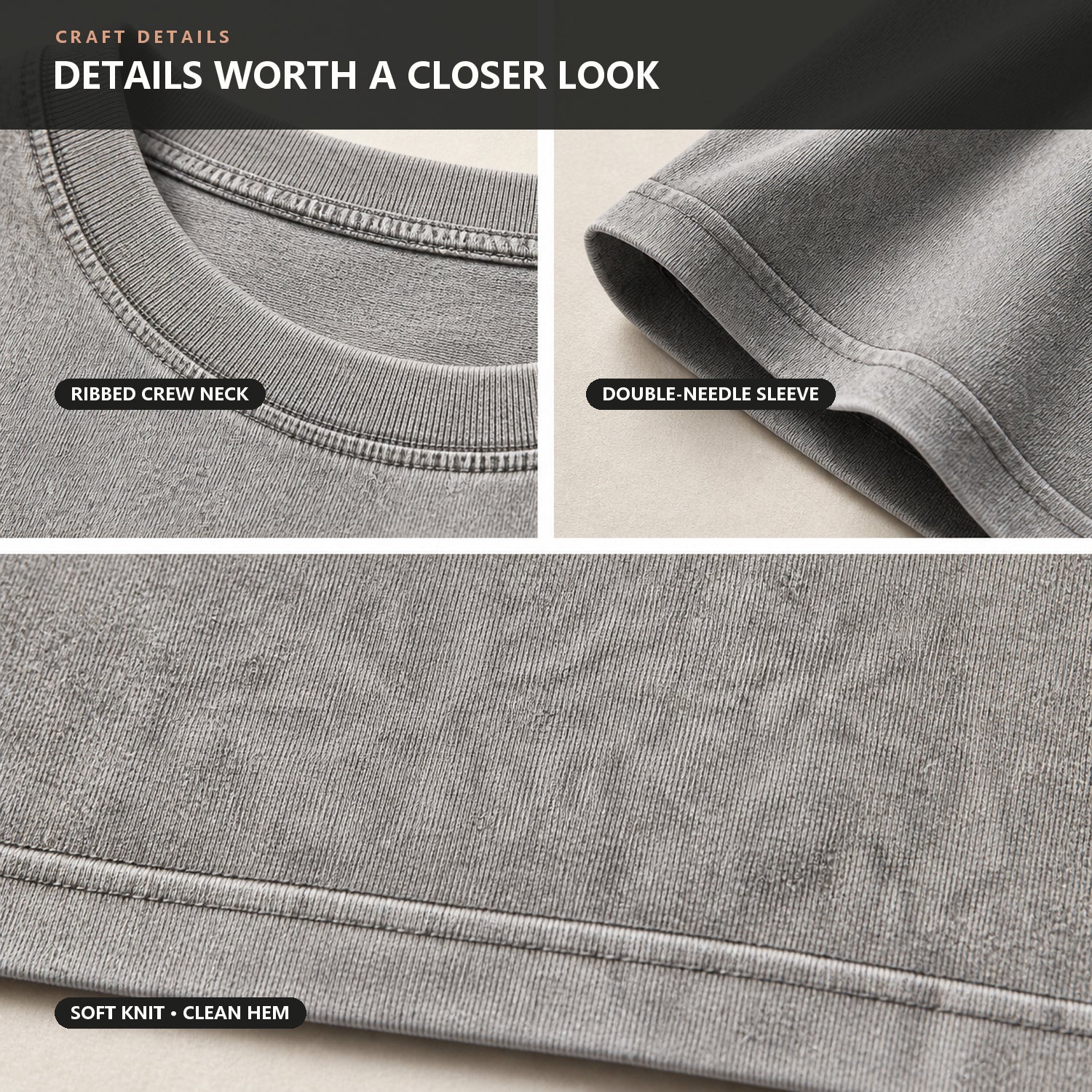Crew neck, sleeve, and hem construction details
