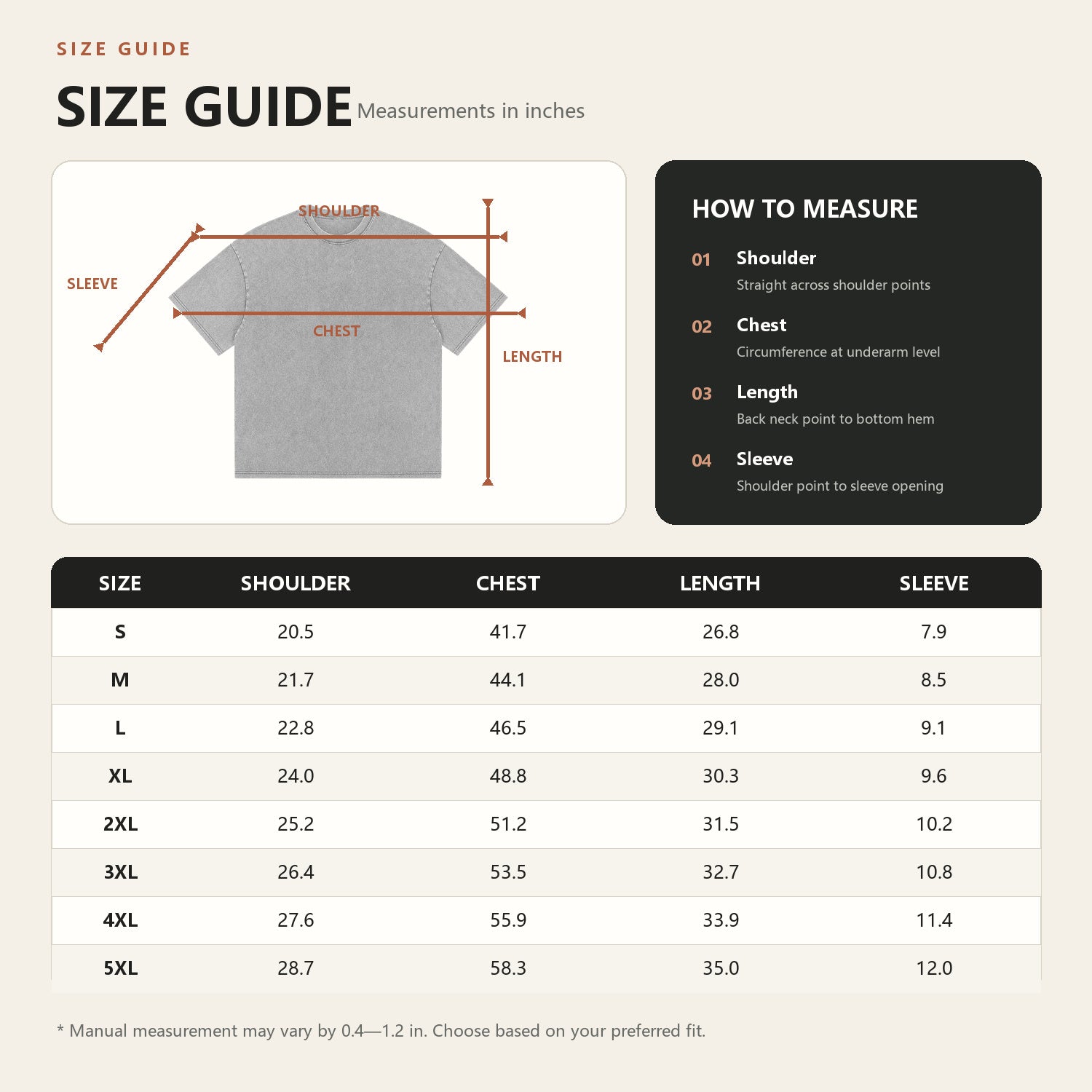 US size guide in inches from S to 5XL